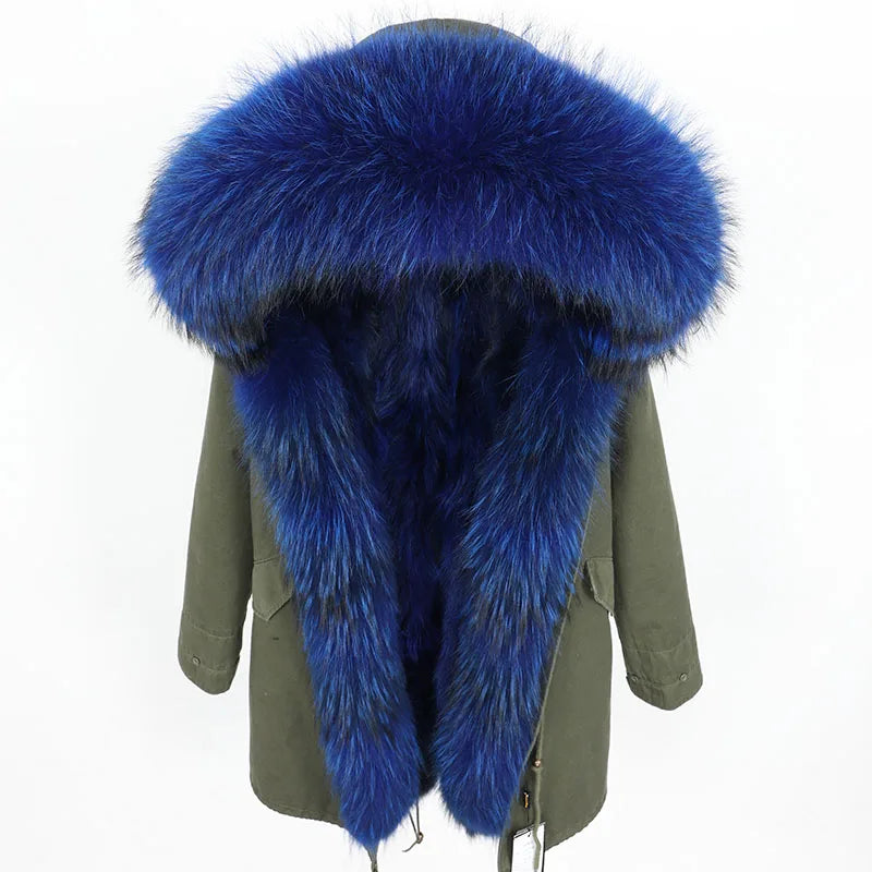 Vexaroa Women's Real Natural Fur Coat Long Hooded Parka with Fur Liner Winter Jacket