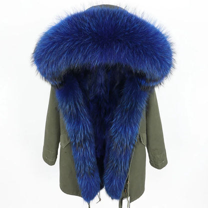 Vexaroa Women's Real Natural Fur Coat Long Hooded Parka with Fur Liner Winter Jacket