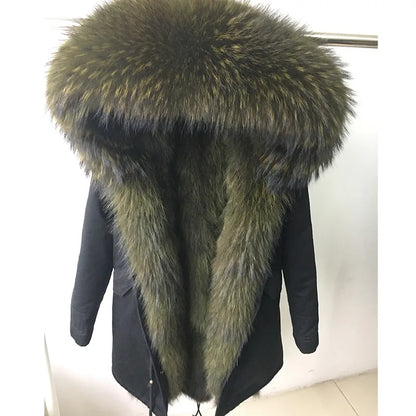 Vexaroa Women's Real Natural Fur Coat Long Hooded Parka with Fur Liner Winter Jacket