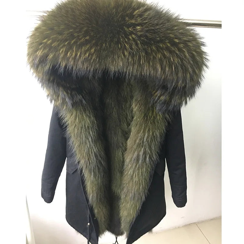 Vexaroa Women's Real Natural Fur Coat Long Hooded Parka with Fur Liner Winter Jacket