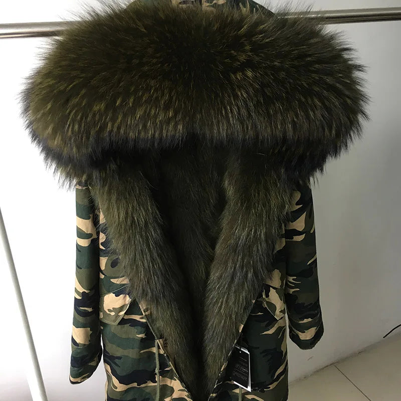 Vexaroa Women's Real Natural Fur Coat Long Hooded Parka with Fur Liner Winter Jacket