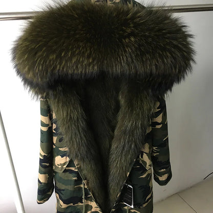 Vexaroa Women's Real Natural Fur Coat Long Hooded Parka with Fur Liner Winter Jacket