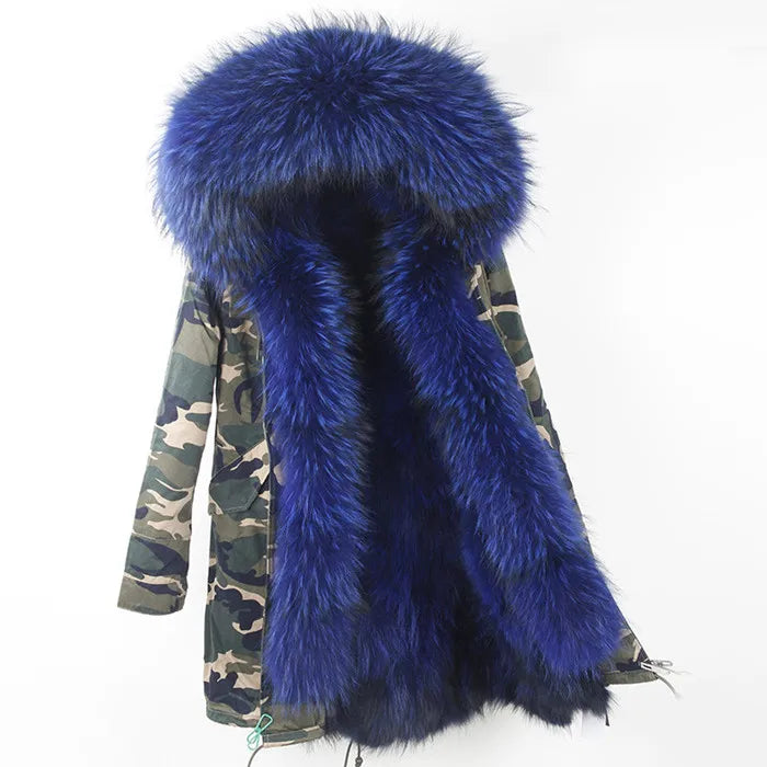 Vexaroa Women's Real Natural Fur Coat Long Hooded Parka with Fur Liner Winter Jacket