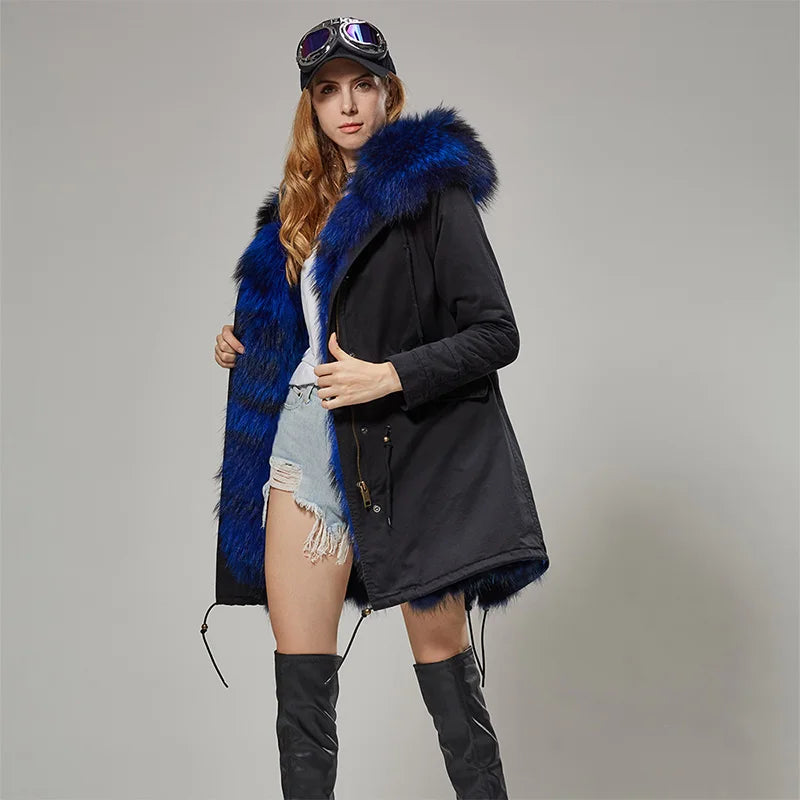 Vexaroa Women's Real Natural Fur Coat Long Hooded Parka with Fur Liner Winter Jacket