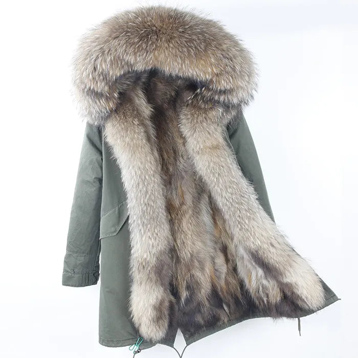 Vexaroa Women's Real Natural Fur Coat Long Hooded Parka with Fur Liner Winter Jacket