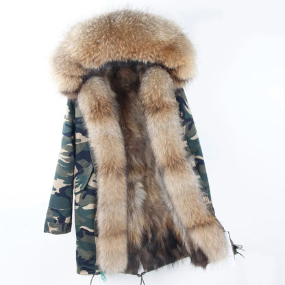 Vexaroa Women's Real Natural Fur Coat Long Hooded Parka with Fur Liner Winter Jacket