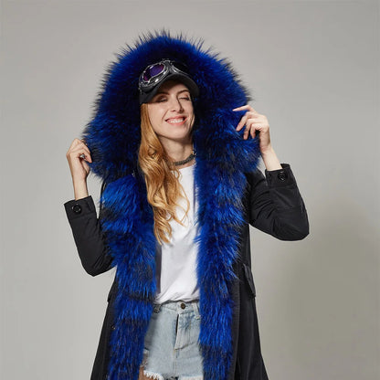 Vexaroa Women's Real Natural Fur Coat Long Hooded Parka with Fur Liner Winter Jacket