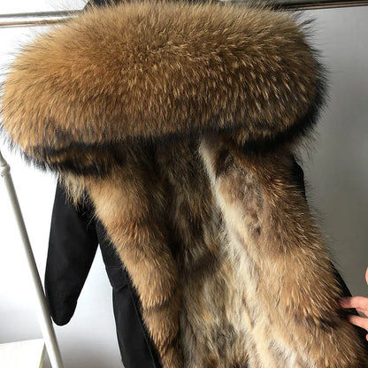 Vexaroa Women's Real Natural Fur Coat Long Hooded Parka with Fur Liner Winter Jacket