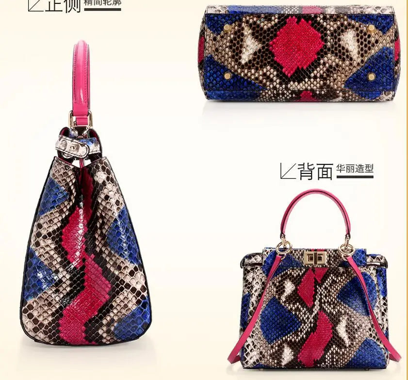 A multicolor snakeskin-patterned handbag shown from multiple angles on a light beige background. The bag features a vibrant blue, hot pink, black, and beige python print, a bright pink top handle, and gold-tone hardware.