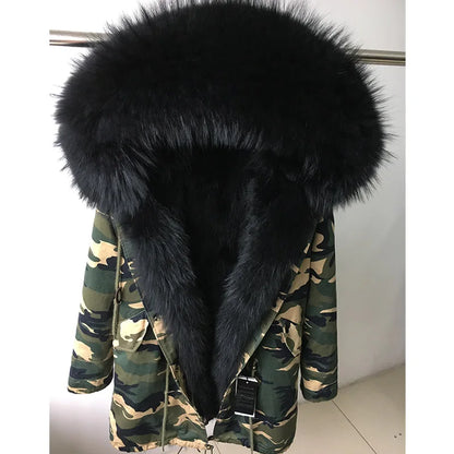 Vexaroa Women's Real Natural Fur Coat Long Hooded Parka with Fur Liner Winter Jacket