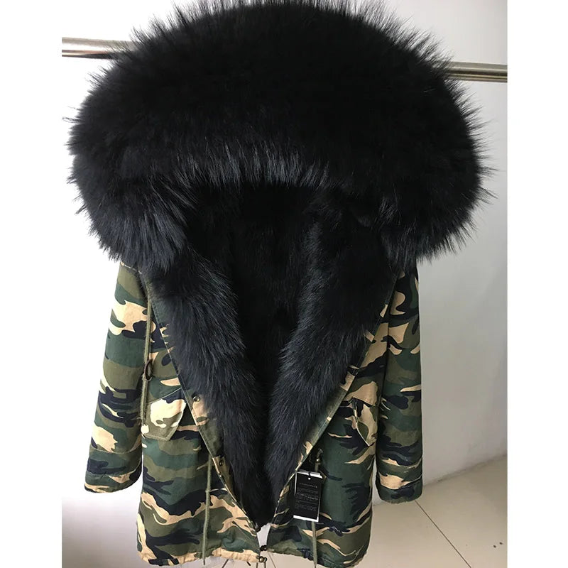Vexaroa Women's Real Natural Fur Coat Long Hooded Parka with Fur Liner Winter Jacket
