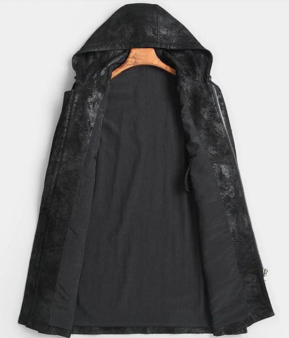 Black hooded coat with textured hood on a white background