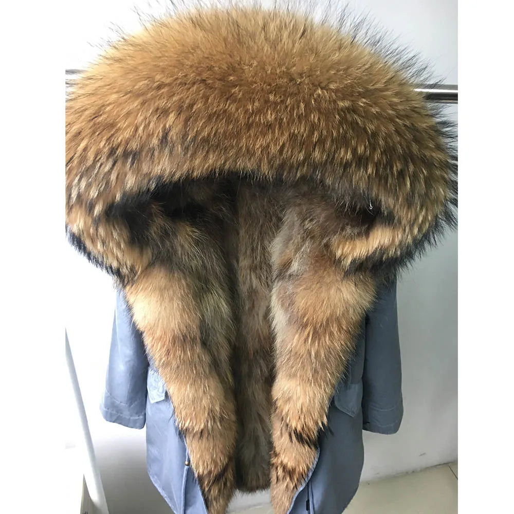 Vexaroa Women's Real Natural Fur Coat Long Hooded Parka with Fur Liner Winter Jacket