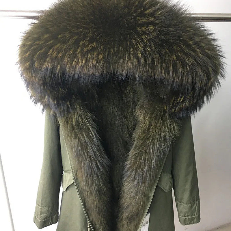 Vexaroa Women's Real Natural Fur Coat Long Hooded Parka with Fur Liner Winter Jacket