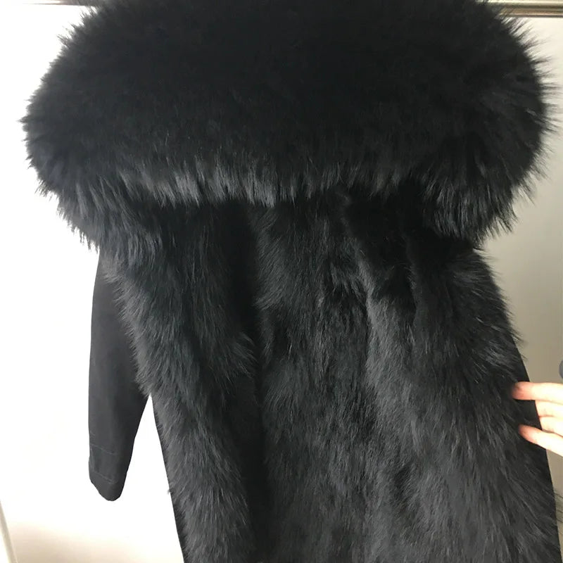 Vexaroa Women's Real Natural Fur Coat Long Hooded Parka with Fur Liner Winter Jacket