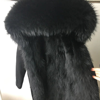 Vexaroa Women's Real Natural Fur Coat Long Hooded Parka with Fur Liner Winter Jacket