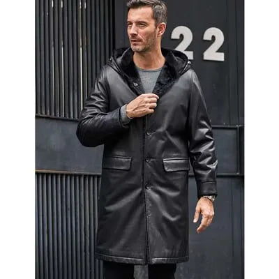 Cowhide Leather Mink Fur Long Parka Men's | Vexaroa