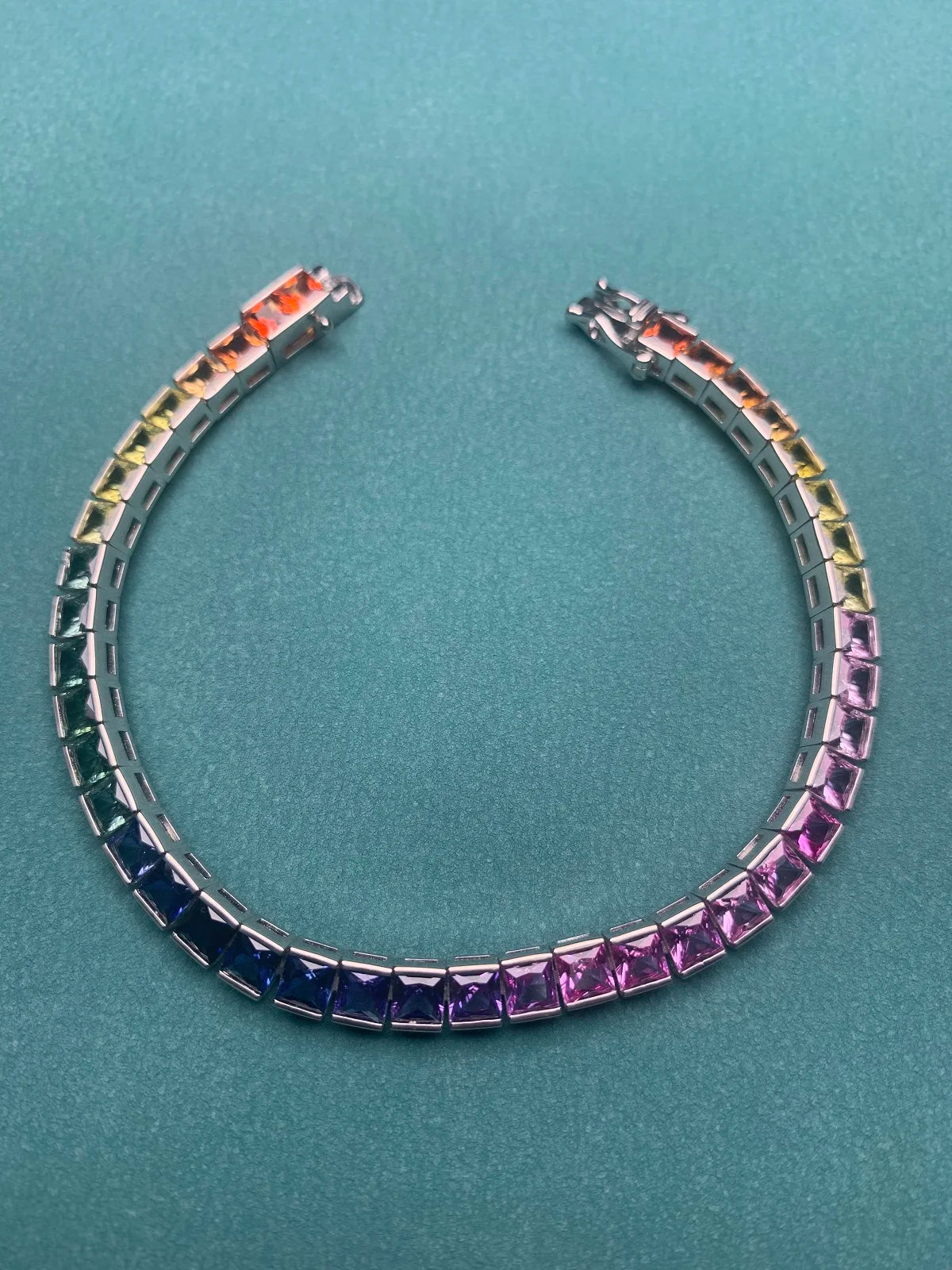 Lab-Created Rainbow Sapphire Bracelet, 4x4mm Square Stones | Vexaroa