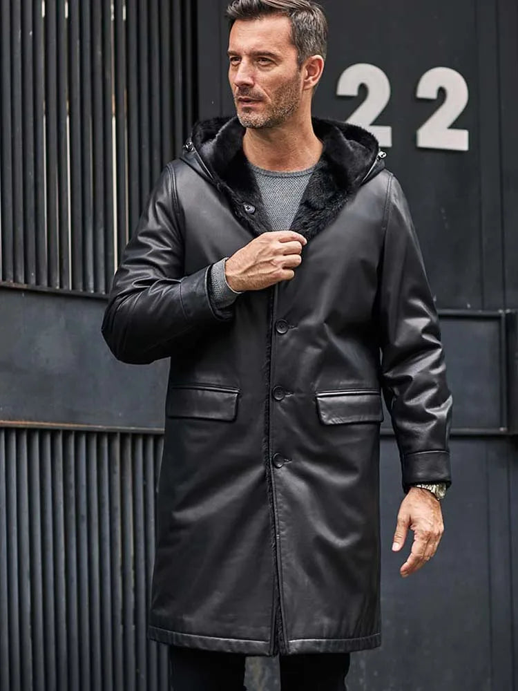 Cowhide Leather Mink Fur Long Parka Men's | Vexaroa