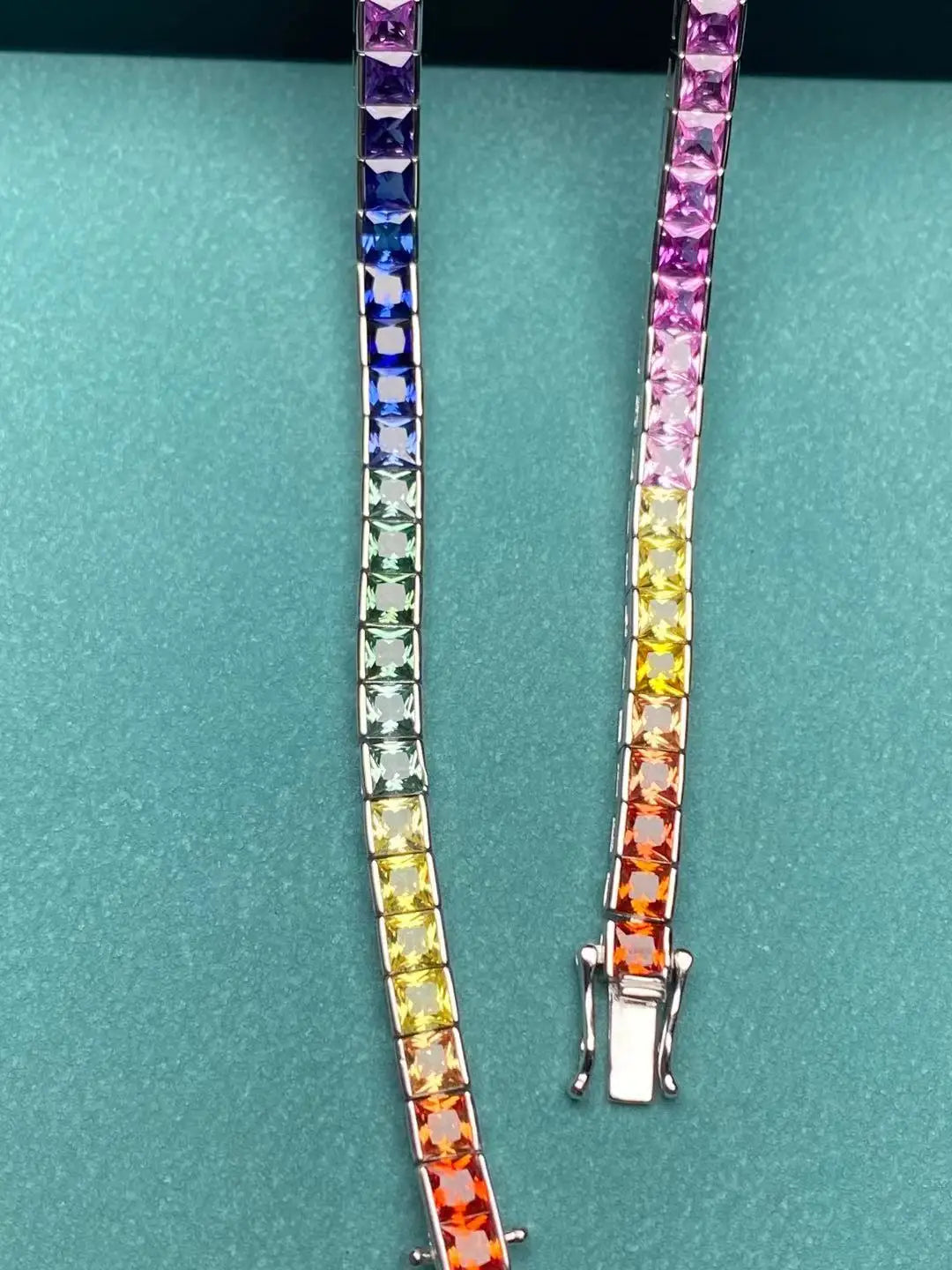 Lab-Created Rainbow Sapphire Bracelet, 4x4mm Square Stones | Vexaroa
