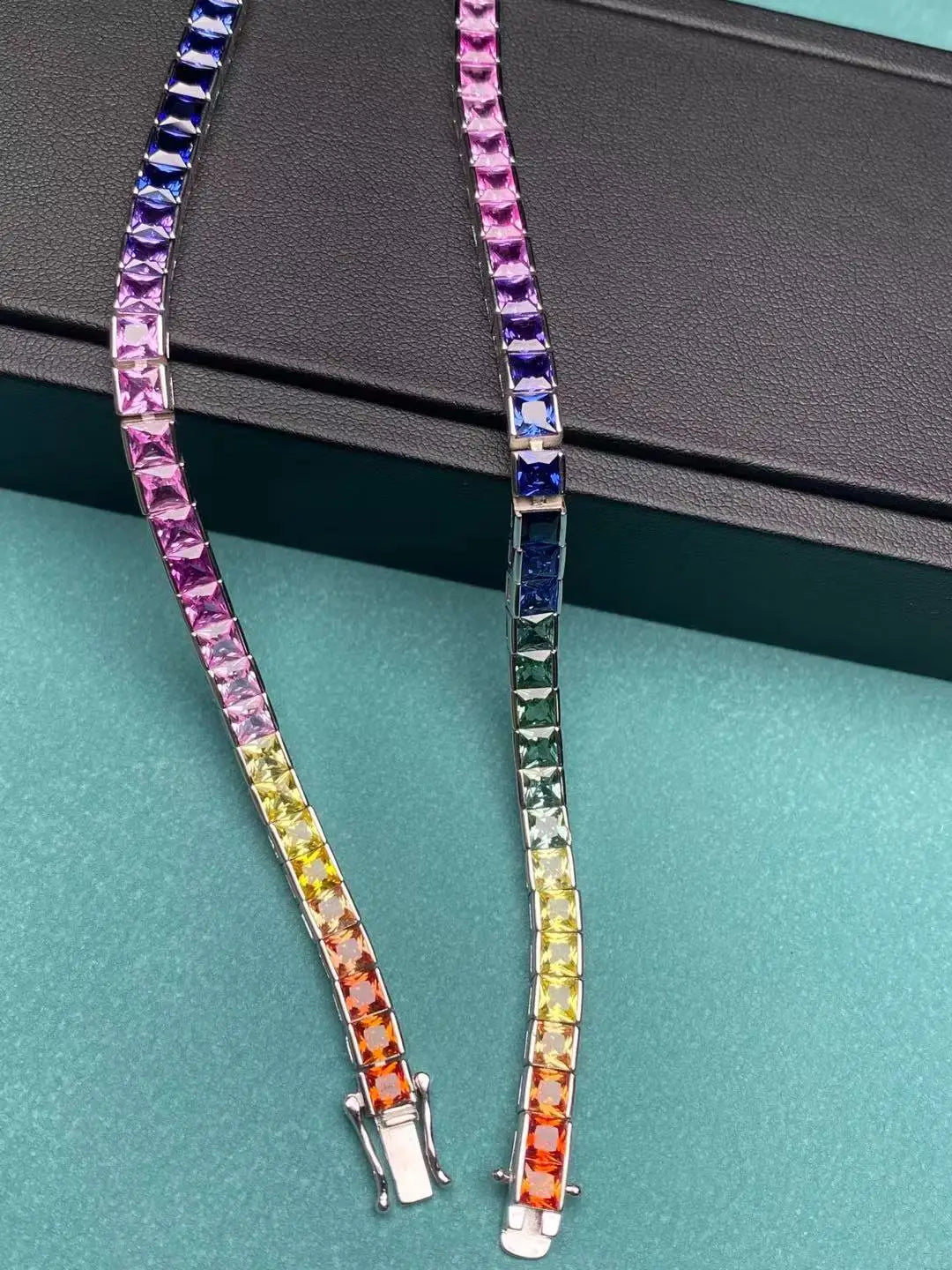 Lab-Created Rainbow Sapphire Bracelet, 4x4mm Square Stones | Vexaroa