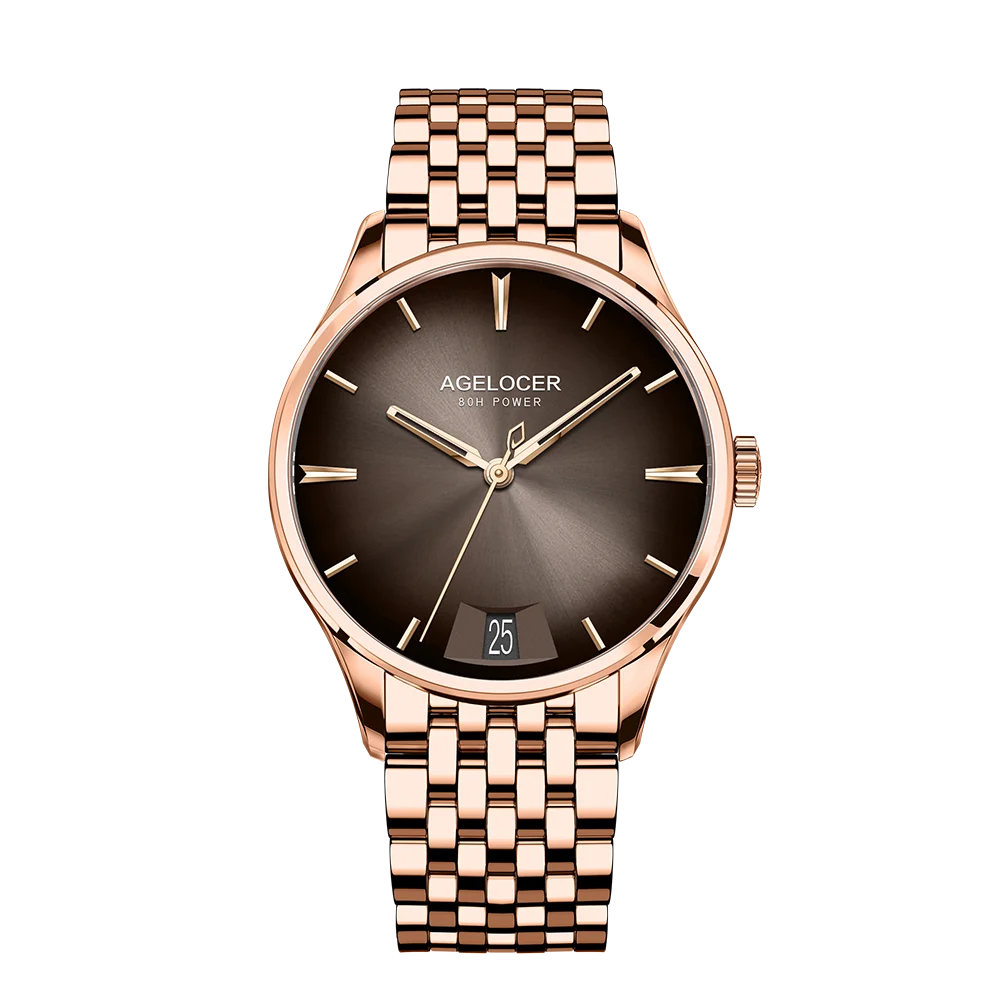 Rose gold watch with brown dial on a white background