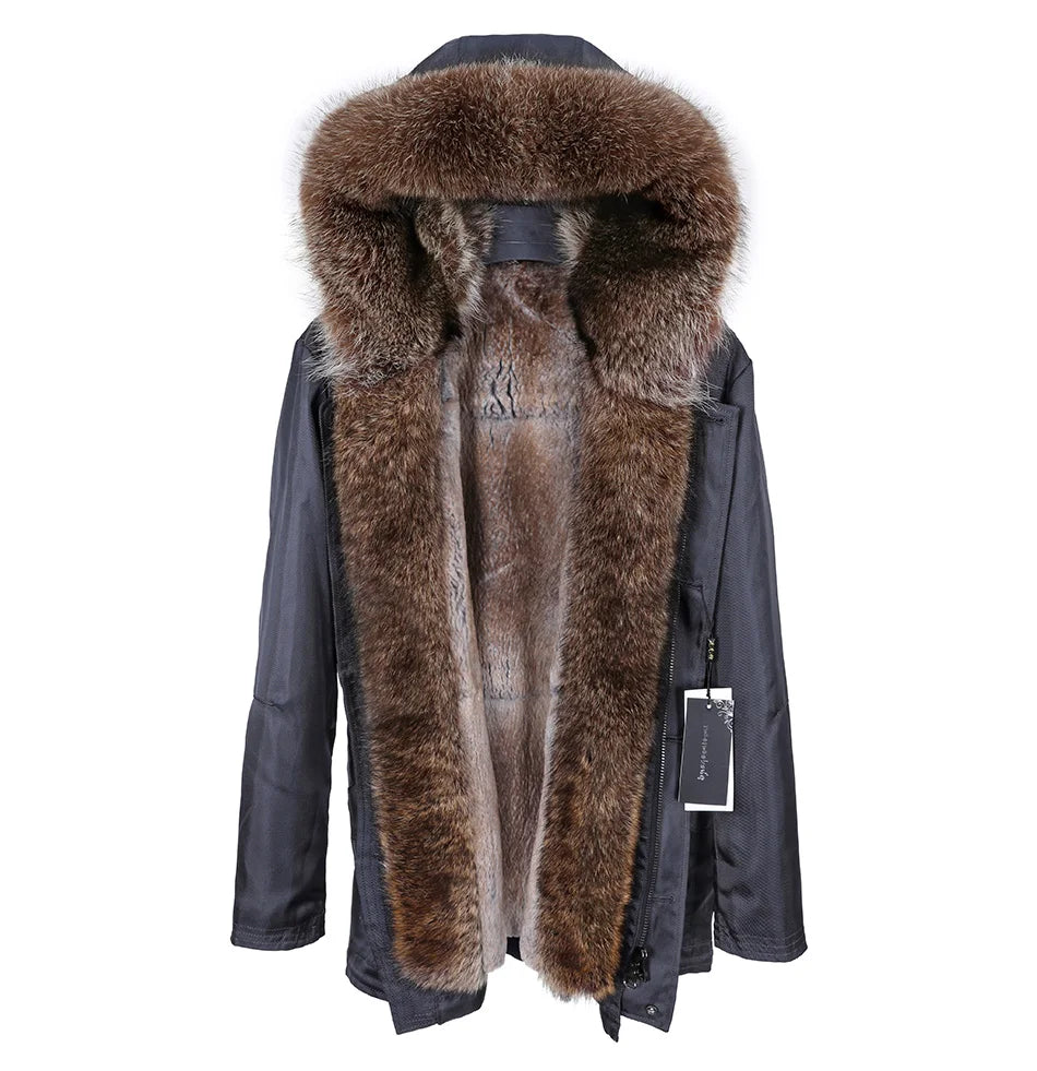 Vexaroa Men's Real Rabbit Fur Lined Bomber Jacket with Raccoon Fur Trim Natural Winter Coat