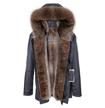 Vexaroa Men's Real Rabbit Fur Lined Bomber Jacket with Raccoon Fur Trim Natural Winter Coat