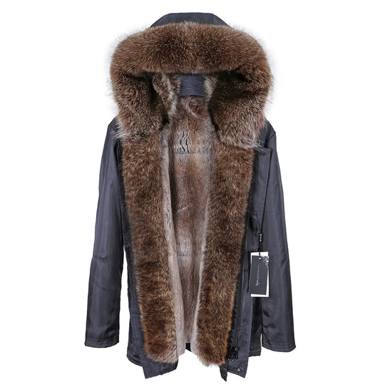Vexaroa Men's Real Rabbit Fur Lined Bomber Jacket with Raccoon Fur Trim Natural Winter Coat