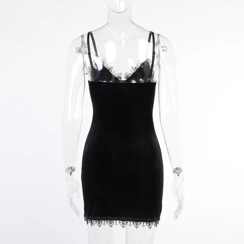 Vexaroa Black Mini Dress Goth Spaghetti Strap High Waist Slit