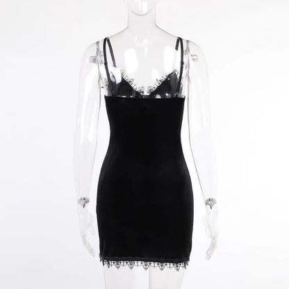Vexaroa Black Mini Dress Goth Spaghetti Strap High Waist Slit