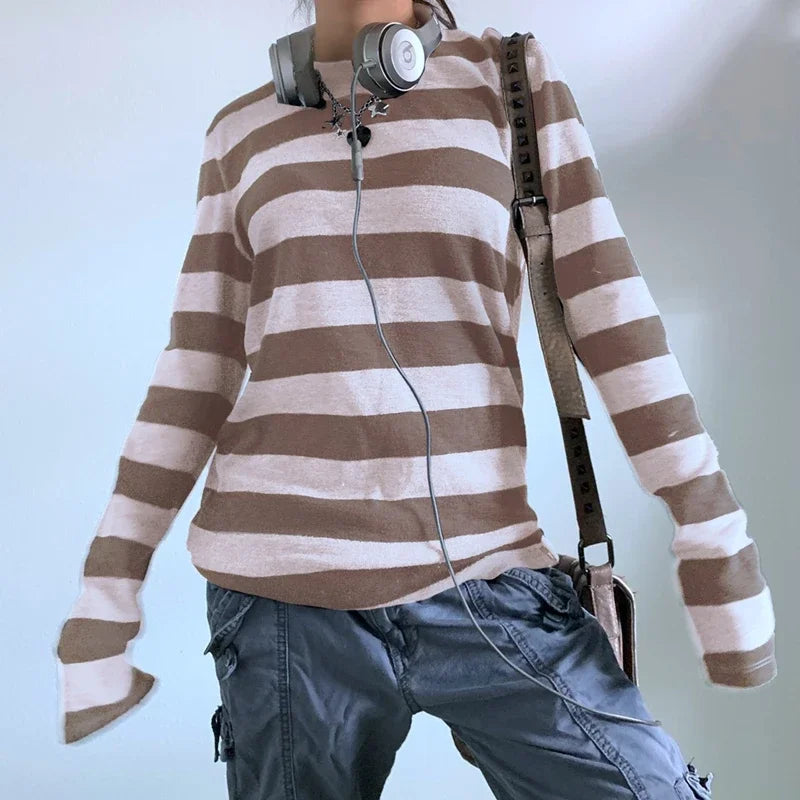 Vexaroa Fairy Grunge Long Sleeve Baggy Striped Tee Shirt