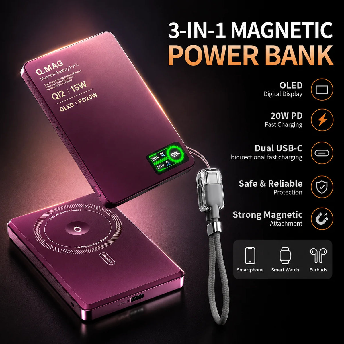 Vexaroa 10000mAh Qi 2.1 Magnetic Wireless Power Bank USB-C