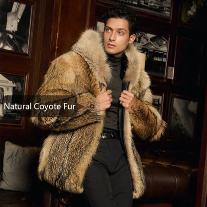 Man wearing a fur coat with text 'Natural Coyote Fur' in an indoor setting.