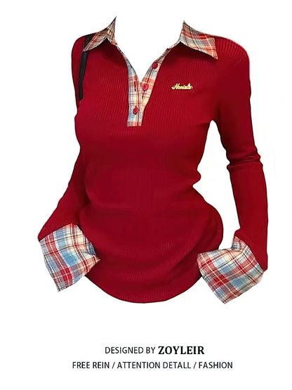 Vexaroa Preppy Plaid Layered Polo Top Fake Two-Piece Blouse