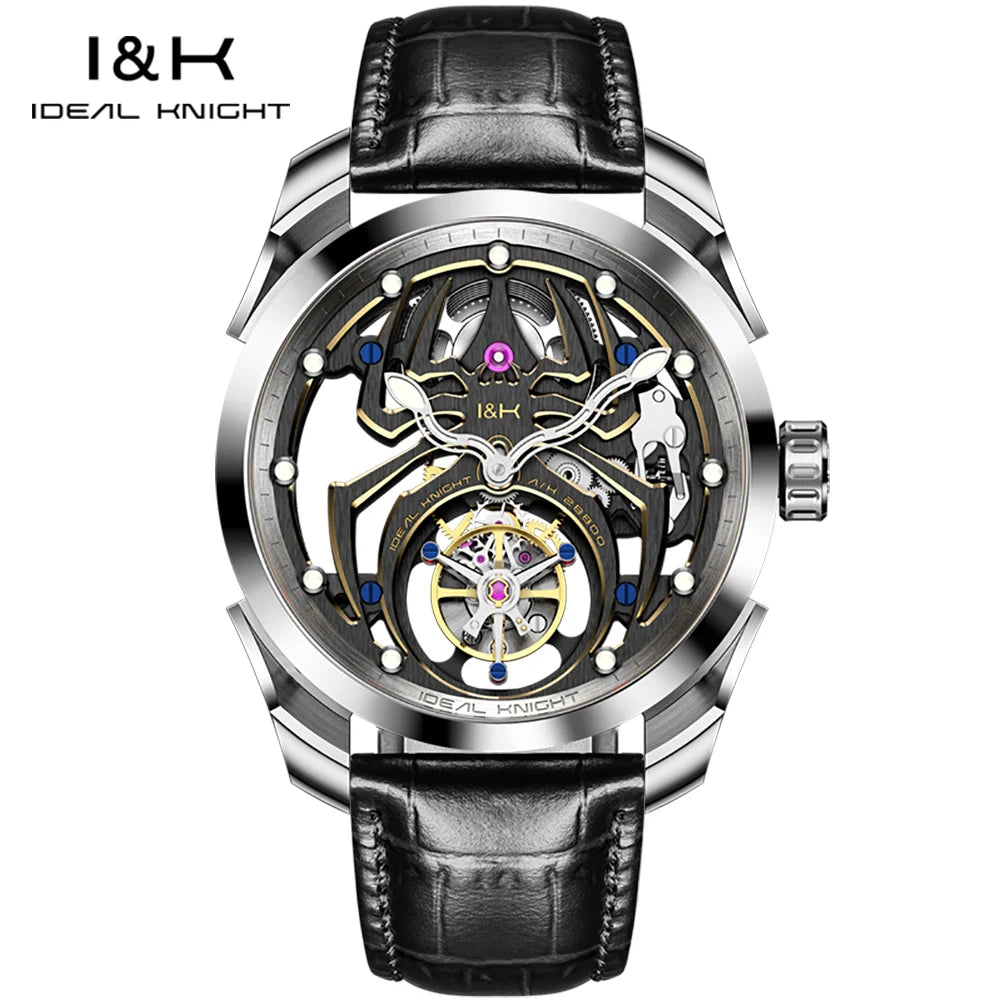 IDEAL KNIGHT Real Tourbillon Men's Watches High-Grade Fully Hollowed Spider Pattern Cool Dial Top Luxury Mechanical Watches 6802