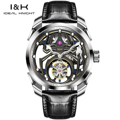 IDEAL KNIGHT Real Tourbillon Men's Watches High-Grade Fully Hollowed Spider Pattern Cool Dial Top Luxury Mechanical Watches 6802