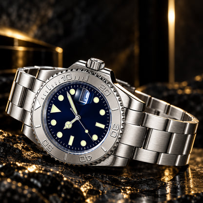Silver watch with blue dial on a background of a sailboat on water, featuring ADDIESDIVE brand.