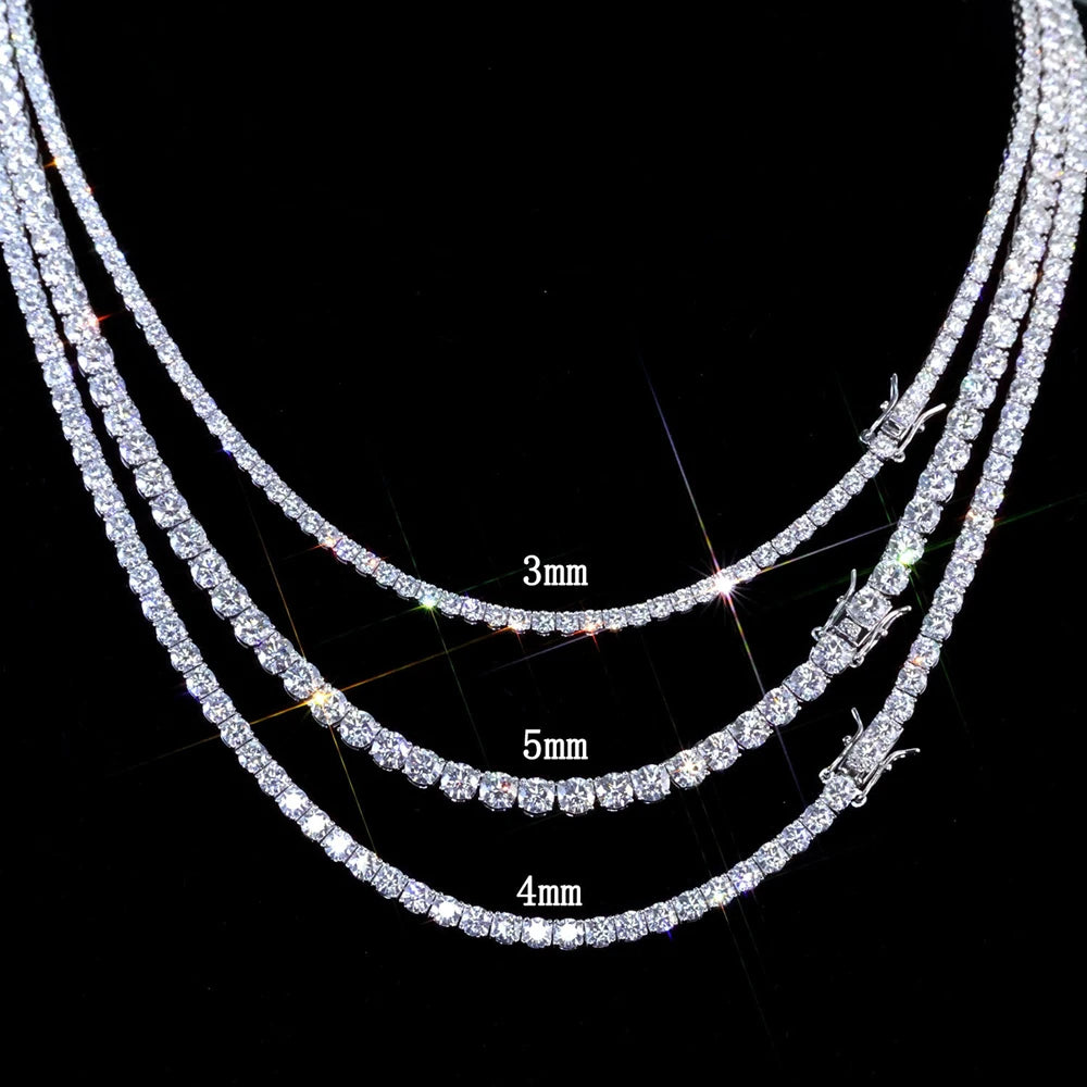 Three diamond tennis necklaces with size labels on a black background