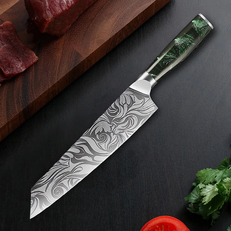Kitchen Knife Chef Japanese Knife Laser Damascus Pattern Knife Cut Meat Fruit Bread Vegetable Boning Knife Slicing Utility Knife