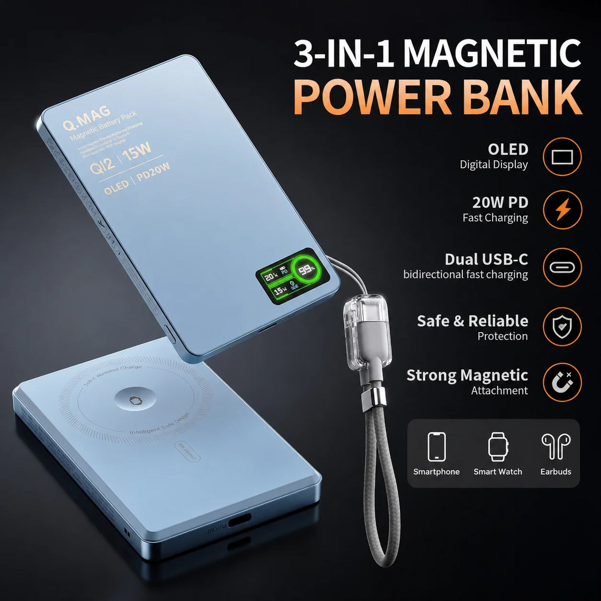 Vexaroa 10000mAh Qi 2.1 Magnetic Wireless Power Bank USB-C