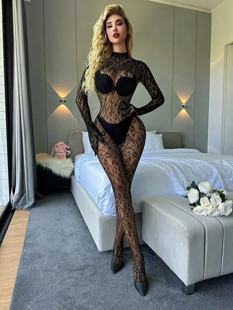 Vexaroa Leopard Mesh Fishnet Bodysuit Lingerie Jumpsuit — product image