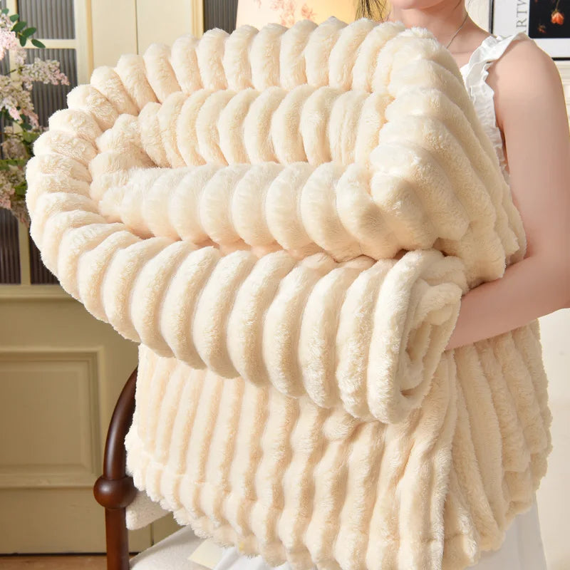 Wide Stripe Imitation Rabbit Plush Blanket Autumn Winter Warm Double Bed Blankets Fluffy Soft Tie-Dye Flannel Sofa Throw Blanket