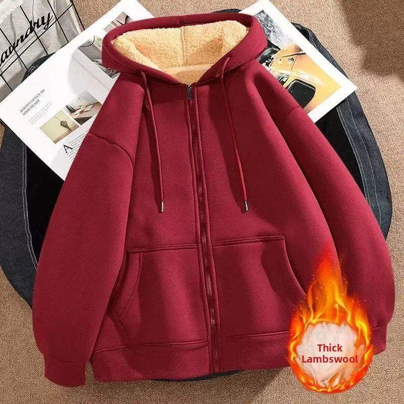 Women's Fleece Lined Hoodie Jacket Thickened Cotton Winter Open Cardigan New Style Lamb Velvet Warm Early Winter Thickened