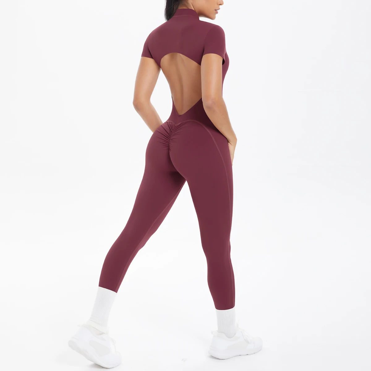Vexaroa Backless Scrunch Bodysuit Half Zipper Gym Yoga Jumpsuit
