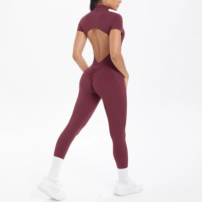 Short Sleeved Fitness Jumpsuit for Woman Bodysuits Backless Solid Color Scrunch One-Piece Suit Half Zipper Gym Yoga Sets Womens