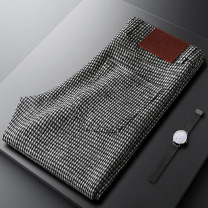 Men's Gray Plaid Woollen Trousers, Slim Straight Fit, Fall | Vexaroa