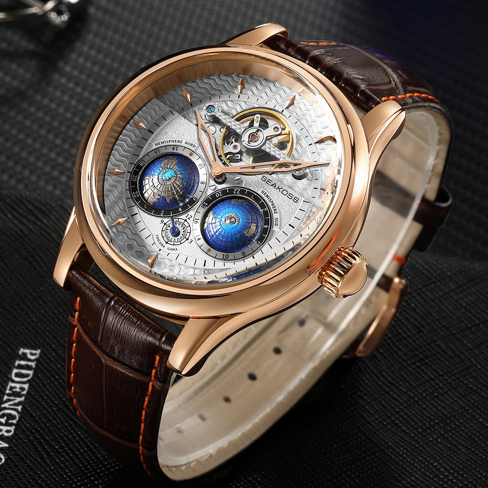 Luxury watch with brown leather strap and visible brand on a dark background