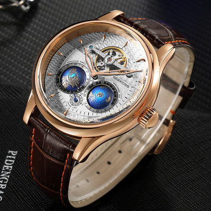 Luxury watch with brown leather strap and visible brand on a dark background