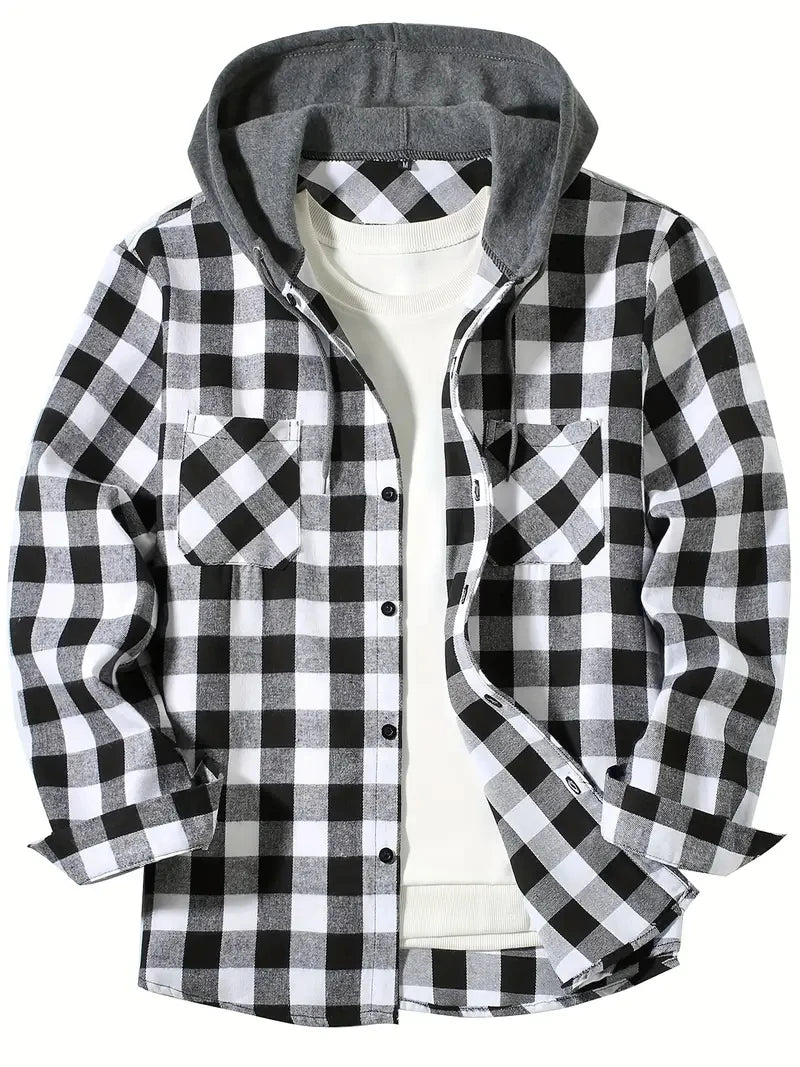Vexaroa Men's Slim Hooded Plaid Shirt Jacket Casual Sport